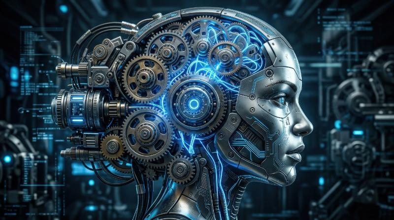 An AI automation gear head interface, metallic gears merging with a human profile and luminous circuits, advanced artificial intelligence concept, dramatic blue glow, ultra-realistic, no logos.