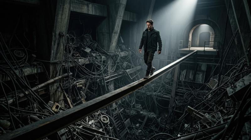 A man walking on a straight narrow bar above a tangled pit, stark conceptual environment, symbolizing clarity over complexity and solution strategy, dramatic focused light, ultra-realistic, no logos.