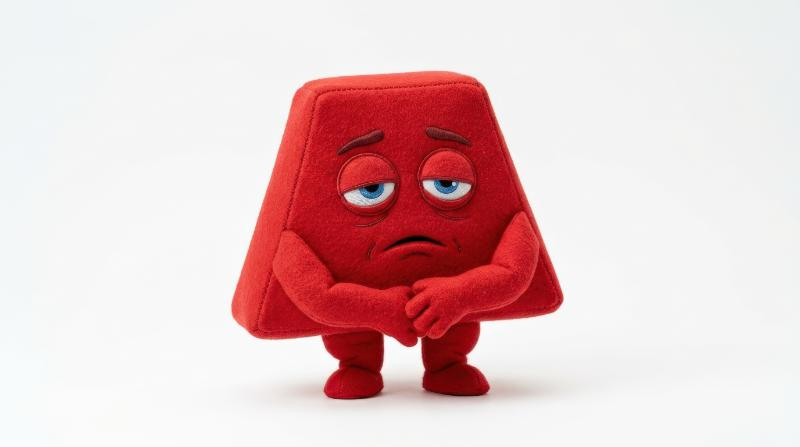 A sleepy red trapezoid mascot with narrowed blue eyes and a tired face, smooth geometric form, clean white backdrop, humorous expressive mood, ultra-realistic, no logos.