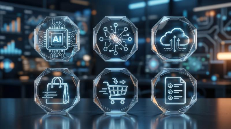 A transparent glass icon set with AI chip, network, cloud, shopping bag, cart, and document list symbols, sleek smart-commerce atmosphere, ultra-realistic, no logos.