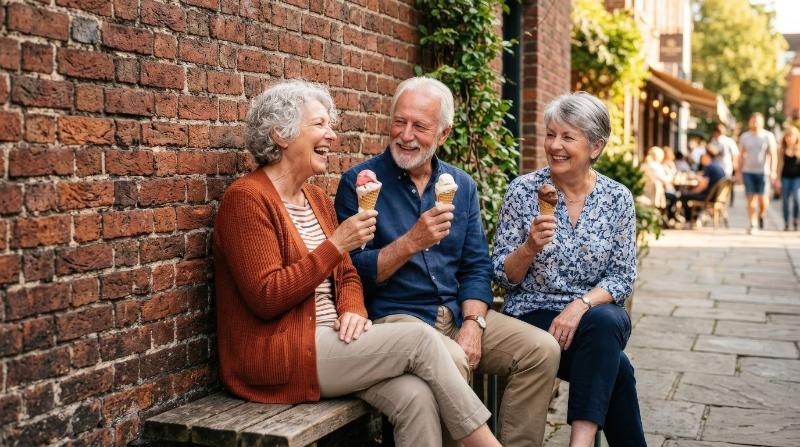 Three cheerful seniors enjoying ice cream cones by a textured brick wall, relaxed poses, casual stylish clothing, warm afternoon light, playful and heartwarming social mood, ultra-realistic, no logos.