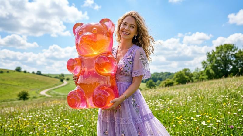 A woman in a lavender dress holding a giant translucent gummy bear beneath a bright sky, glossy candy texture and whimsical fashion fantasy, ultra-realistic, no logos.