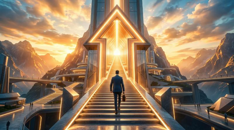 A man walking toward a large arrow-shaped doorway with stairs rising upward, surreal architectural scene, symbolizing career growth, strategic path and new opportunity, bright aspirational glow,