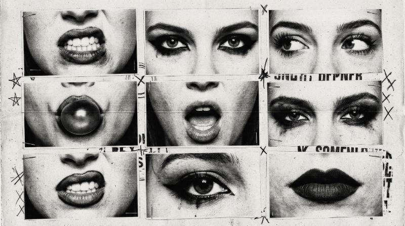 A set of female eyes lips and mouths with messy photocopy grain, punk Y2K edge, distressed monochrome texture, bold rebellious poster-ready atmosphere, ultra-realistic, no logos.