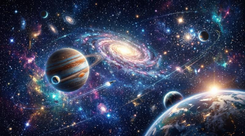 Colorful cosmic wallpaper texture suggesting universe travel between stars and planets, luminous depth, dreamy sci-fi atmosphere, ultra-realistic, no logos.