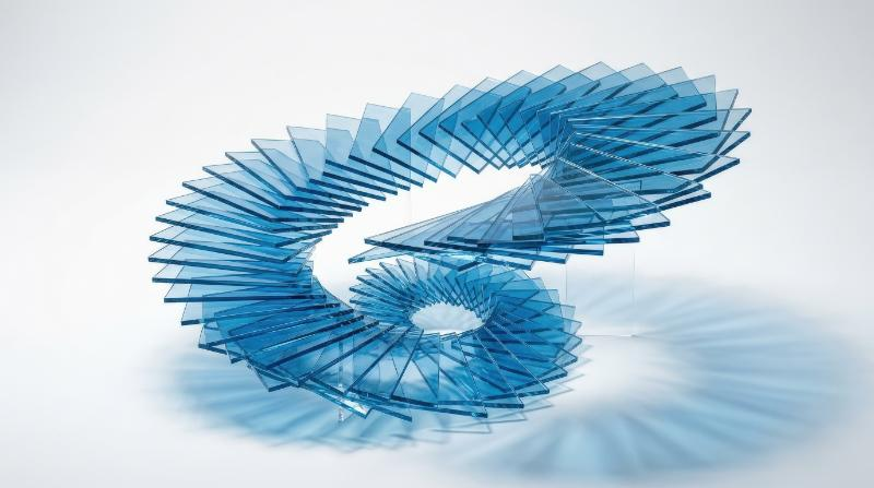 Blue translucent glass plates arranged in a geometric spiral over a clean white backdrop, layered crystal depth, delicate refraction and soft shadows creating a refined futuristic atmosphere,
