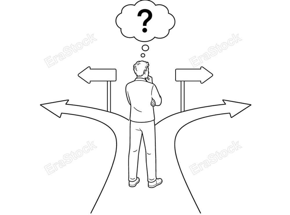 A person stands at a diverging path, looking up at a question mark, symbolizing indecision and the need for a choice
