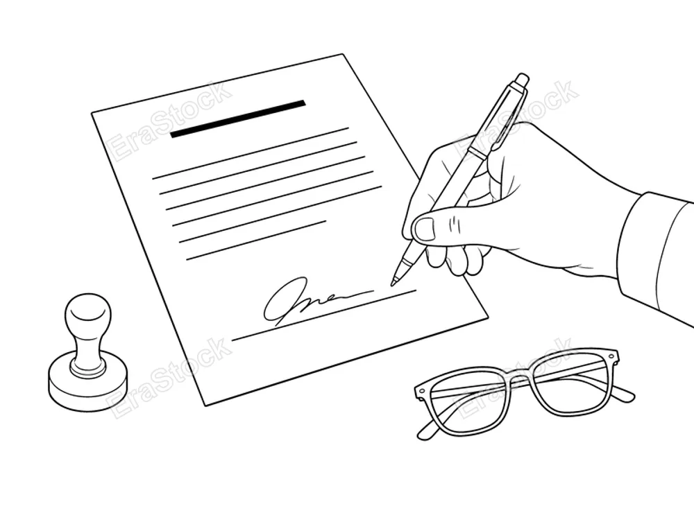 A hand in a suit jacket signs a formal document with a pen, while eyeglasses and a rubber stamp rest on the surface