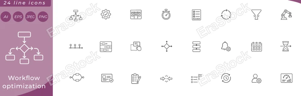 Workflow optimization: flowchart diagram, gear with checkmark badge, kanban board columns, stopwatch, checklist with progress bar, looping arrows cycle, bottleneck funnel, automation robot arm