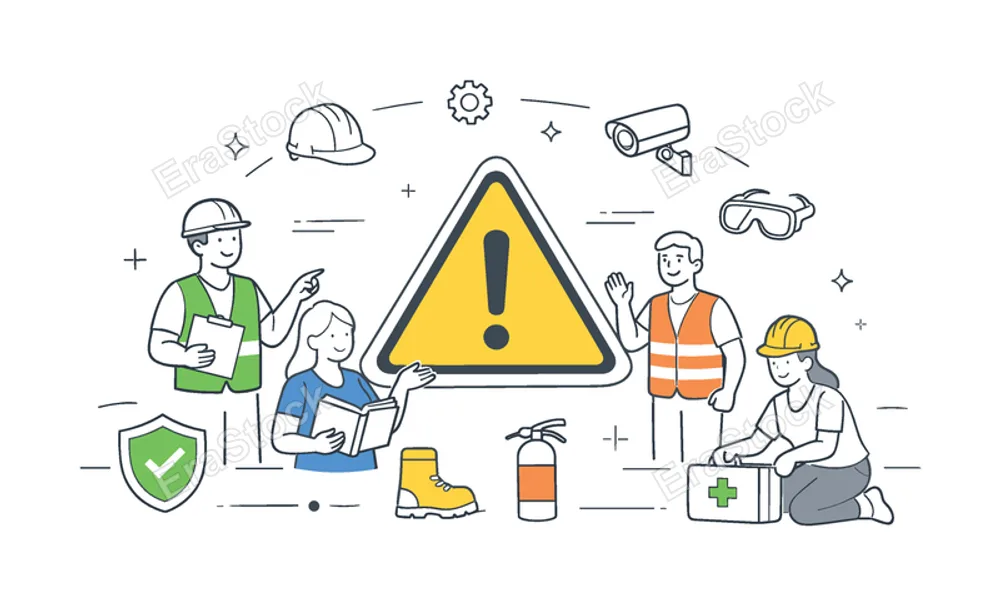 Organization focusing on workplace safety and accident prevention through awareness and training initiatives, visualized with a metaphor of a central safety sign