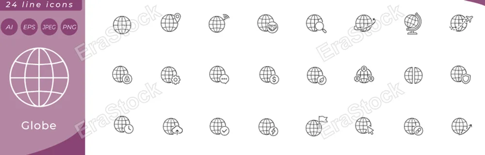 Globe: globe with latitude longitude lines, globe with map pin, globe with Wi-Fi signal, globe with handshake badge, globe with magnifying glass, globe with arrow orbit, globe on stand, globe with