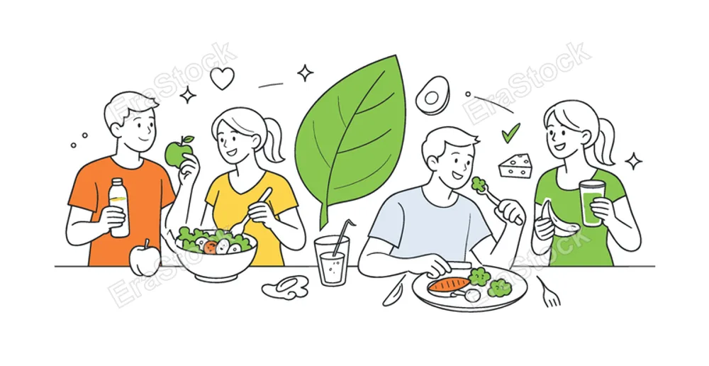 A healthy eating and balanced diet scene where individuals make mindful food choices in everyday life, using minimal forks with fresh ingredients and a single leaf element as a