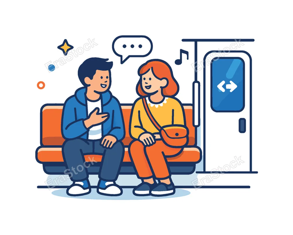 City lifestyle moment highlighting friends riding the subway together while chatting during a daily commute or weekend outing, two people sitting on a subway bench seat beside a
