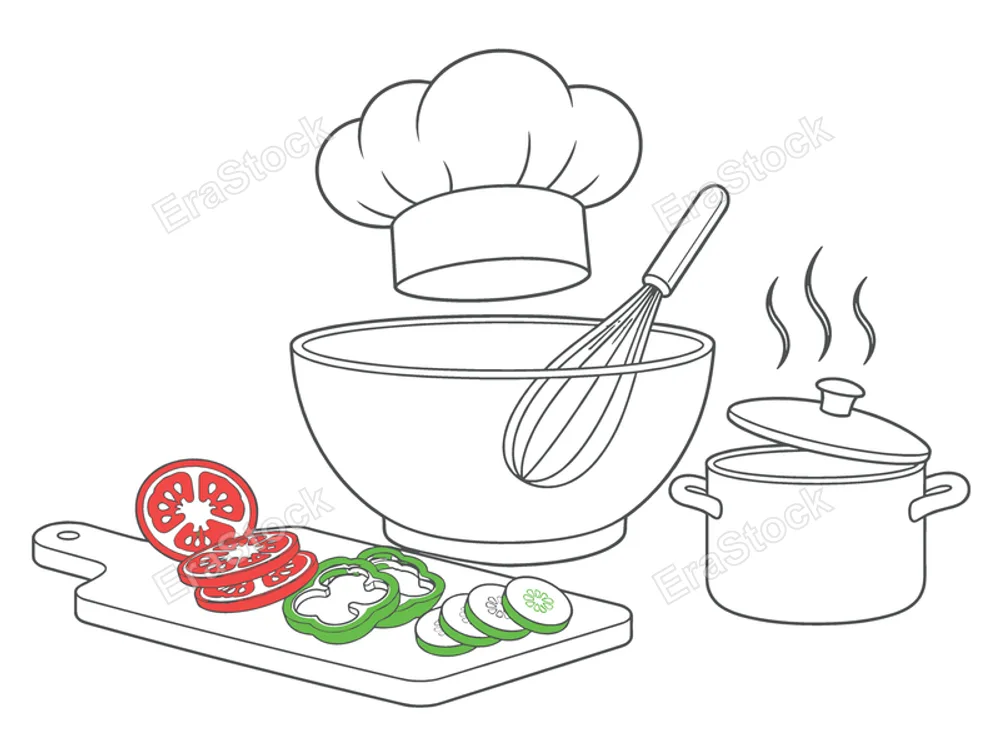 A chef's hat rests above a mixing bowl with a whisk, next to a steaming pot and a cutting board with sliced vegetables, symbolizing culinary creation