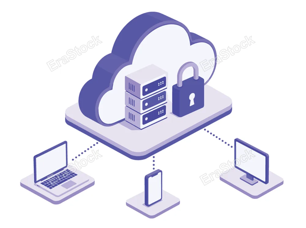 Illustration of a secure cloud network infrastructure showing servers, a padlock, and devices like laptops and smartphones connected to the cloud