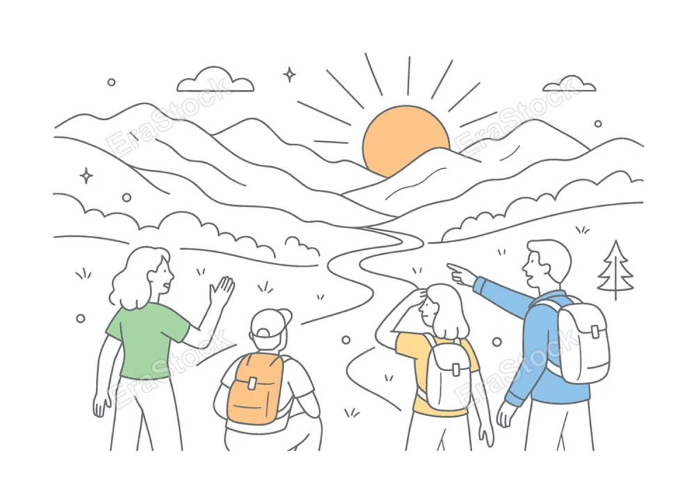A scenic nature exploration moment where a small group discovers the beauty of open landscapes while traveling and observing the natural environment together, visual metaphor of