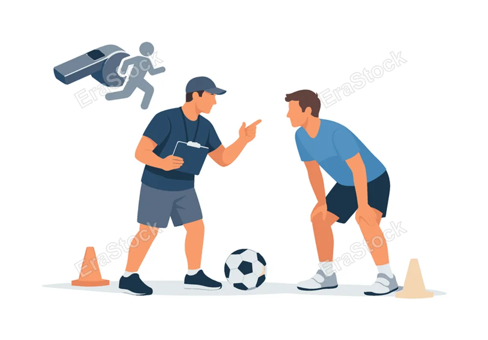 A coach guiding an individual during a sports training session, illustrating mentorship, skill development, and teamwork in athletic environments, a whistle paired with a