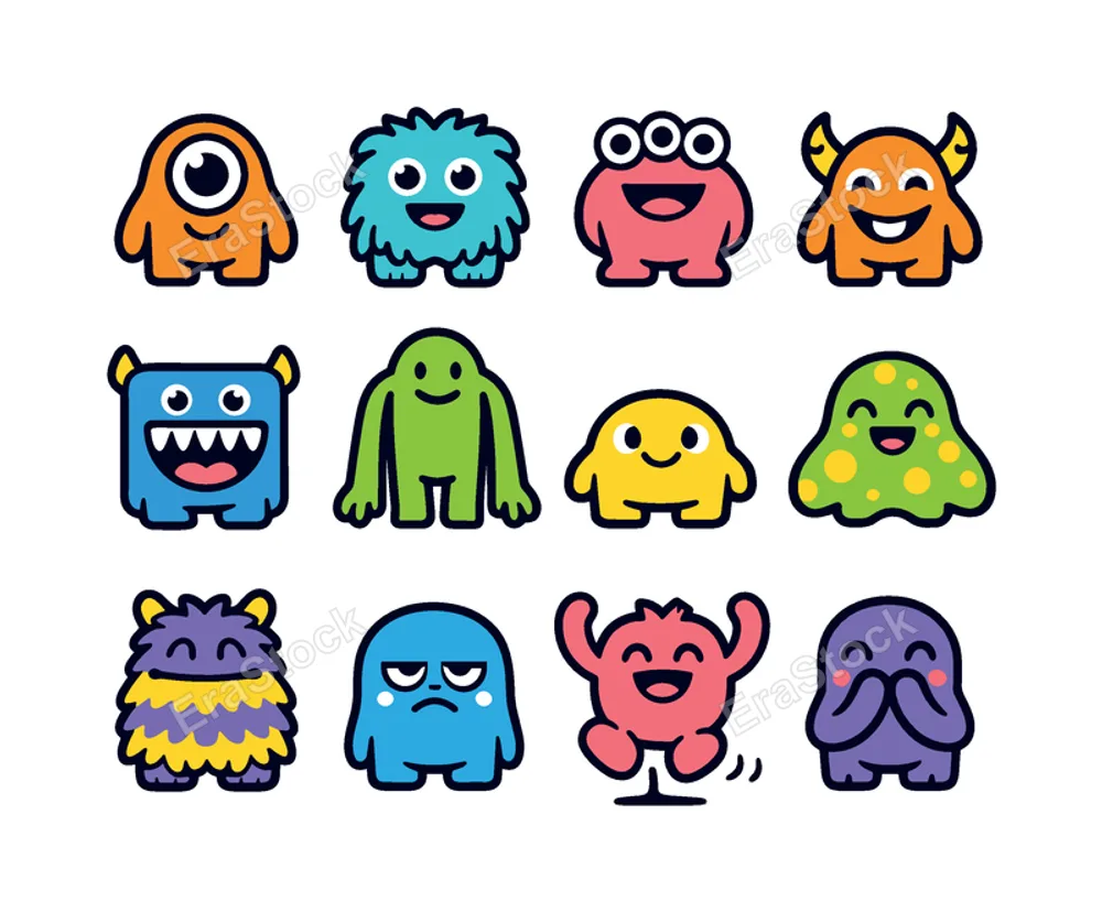 Cute monster characters: one-eyed monster, two-eyed fluffy monster, three-eyed round monster, horned smiling monster, square toothy monster, long arms monster, short legs monster