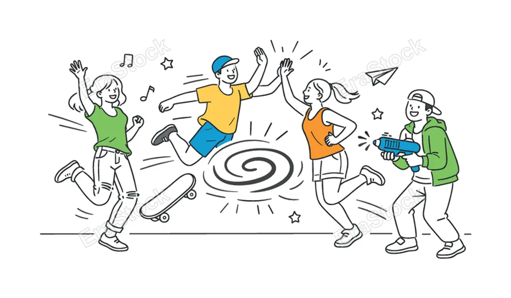 A playful chaos scenario where a group of people engage in spontaneous, energetic activities in a lively setting, shown through a small group interacting near a simple