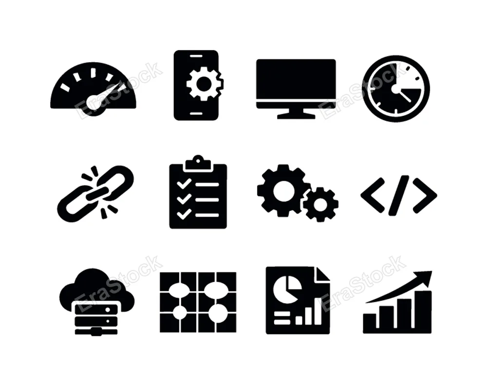 SEO tools and performance: speedometer gauge, mobile phone optimization, desktop monitor, page loading clock, broken link, audit checklist, gear settings, code brackets,