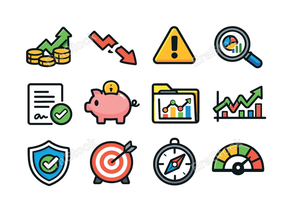 Financial risk and results: gain arrow with coin, loss arrow with broken line, warning triangle finance, audit magnifying glass, contract document sheet, savings piggy bank