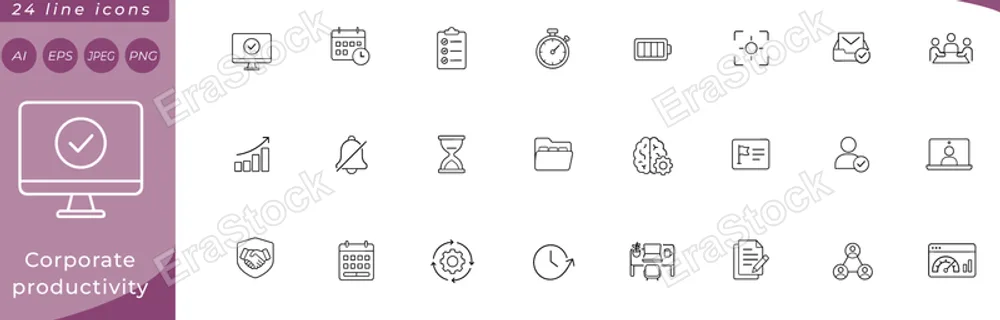 Corporate productivity: desktop monitor with checkmark, calendar with clock, task list clipboard, stopwatch, battery fully charged, focus target, email inbox with tick, meeting people around table