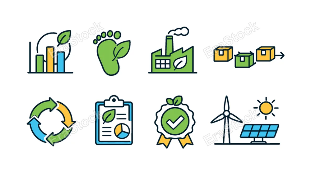 Sustainable business strategy: ESG chart, carbon footprint icon, green factory, supply chain arrows, circular economy loop, sustainability report, eco certification badge