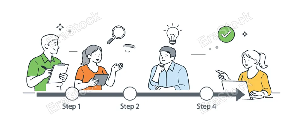 A structured process visibility scenario where a team maintains clear oversight of each stage in a workflow without confusion or gaps, built around a visual metaphor of a