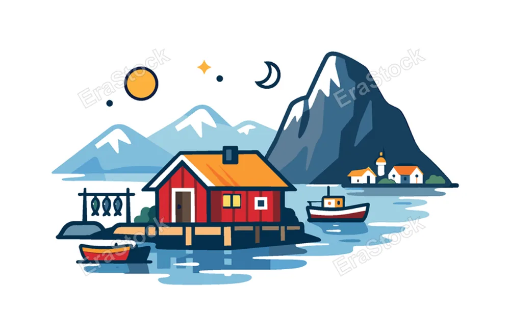 Traditional Arctic coastal settlement surrounded by mountains and sea reflecting the quiet rhythm of northern fishing communities, a small seaside cabin beside a steep mountain