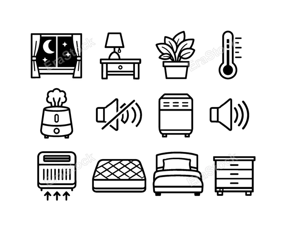 Bedroom environment: bedroom interior, window with moon, curtains, bedside table, lamp light, plant decor, temperature thermometer, humidifier, noise control, air