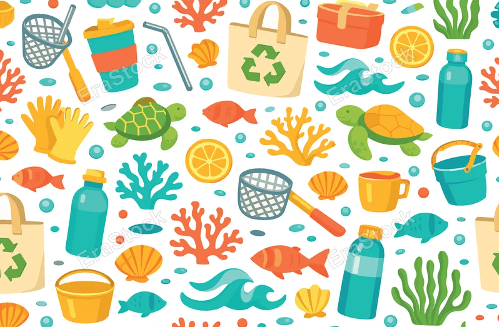 Plastic-free ocean lifestyle seamless pattern for sustainability campaigns with reusable cup, metal straw, lunch box, tote bag, lemon slice, fish, turtle, wave, coral, shell,