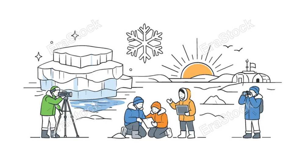 A polar exploration scene where researchers observe massive snow ice caps and study frozen landscapes in a remote arctic environment, using a clear visual metaphor of layered ice