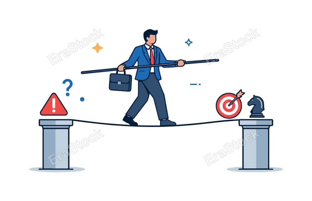 Business risk management concept showing a professional carefully maintaining stability while navigating uncertain decisions and competitive pressure, a person walking on a