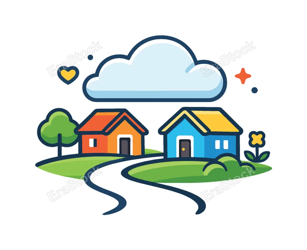 Local community life and harmonious outdoor recreation in a quiet countryside setting centered on relaxation and belonging, two tiny village houses near a curved pathway and simple