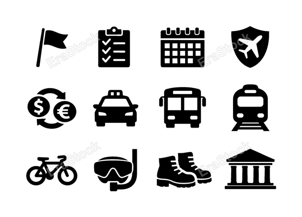 Travel services and activities: tour guide flag, itinerary checklist, booking calendar, travel insurance shield, currency exchange, taxi cab, bus transport, train front,