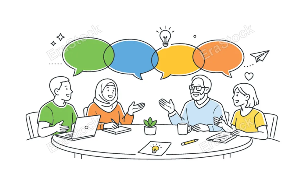 Inclusive meeting collaborative workplace scene showing a diverse group of people participating equally in a discussion and sharing ideas in a respectful environment,