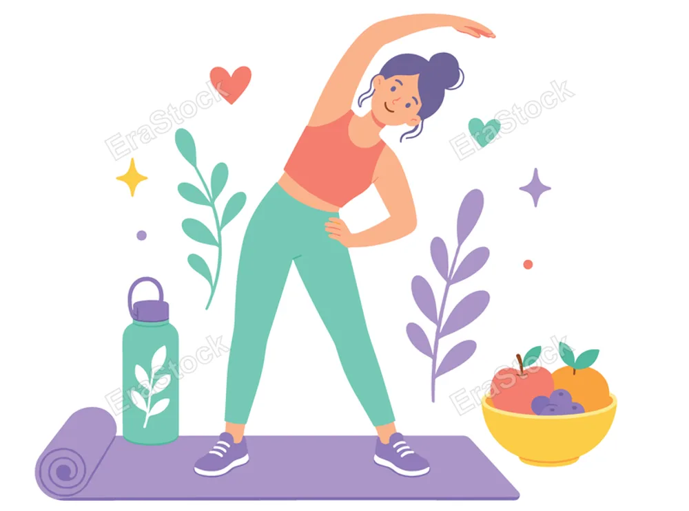 A woman in athletic wear performs a side stretch on a yoga mat, surrounded by symbols of a healthy lifestyle including fruits and a water bottle