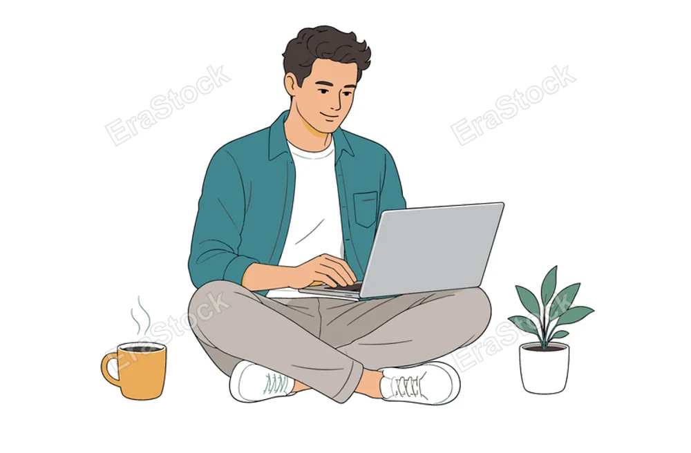 A man in casual attire is focused on his laptop, enjoying a warm beverage and a small potted plant nearby, embodying a relaxed work-from-home atmosphere