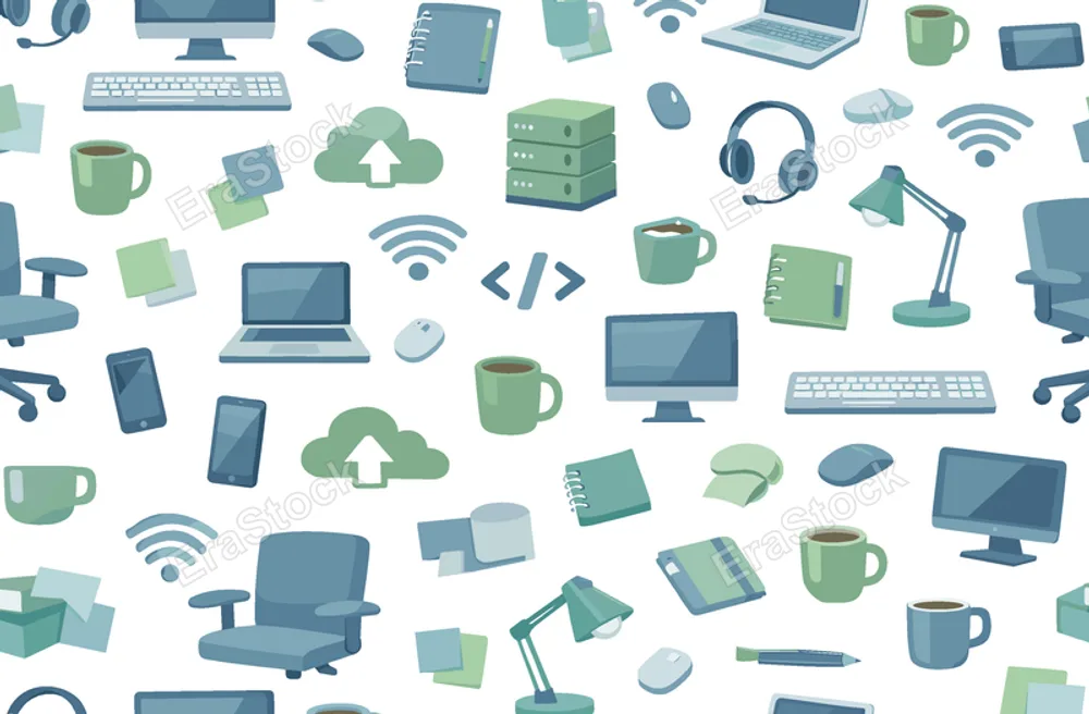 Tech startup workspace seamless pattern for productivity and digital business concepts featuring desktop computer, laptop, keyboard, mouse, smartphone, headset, wifi icon, server