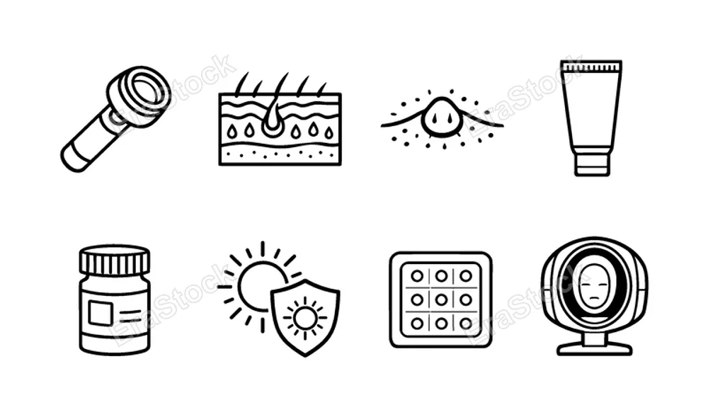 Dermatology and treatment: dermatologist tool, skin layer diagram, acne spot, medical cream tube, prescription bottle, UV protection symbol, allergy patch, skin analysis