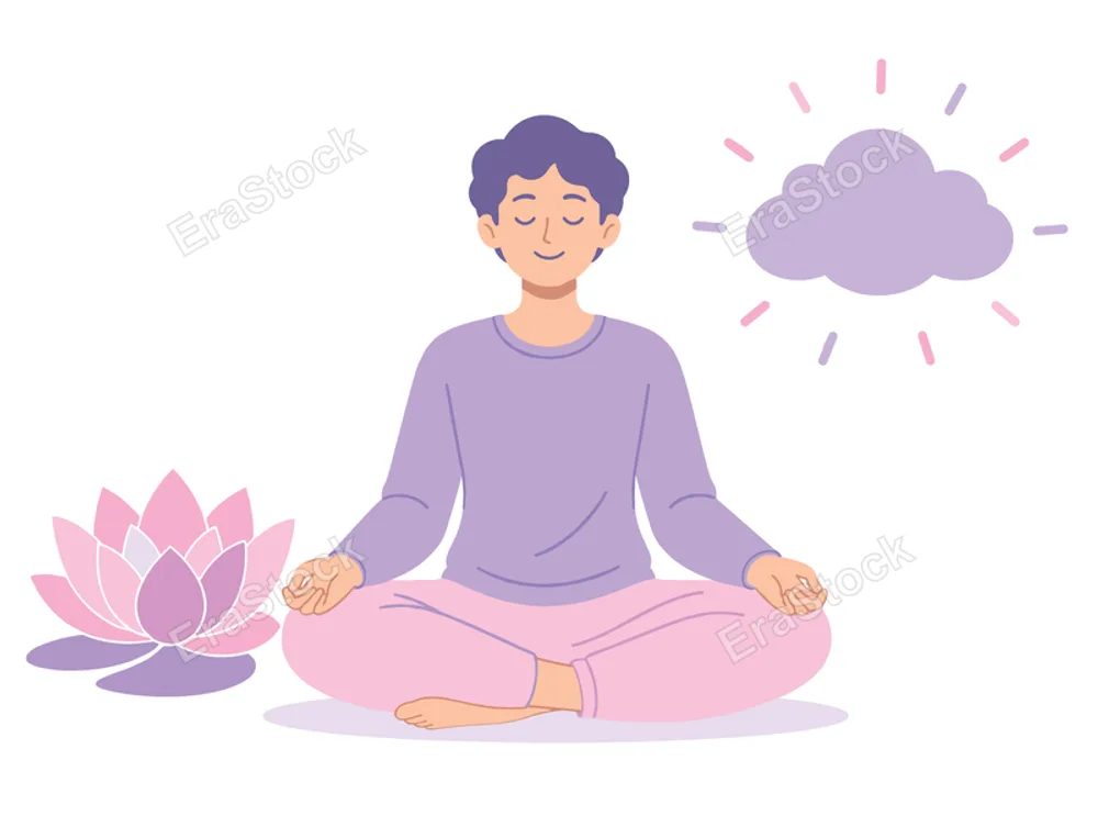 A person sits in a meditative pose, symbolizing inner peace and mindfulness, with a lotus flower and a serene cloud nearby