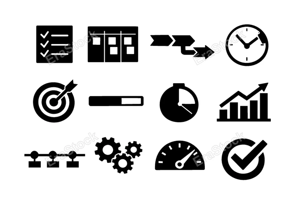 Work process and productivity: checklist, task board, workflow arrows, time tracking clock, goal target, progress bar, focus timer, analytics chart, project timeline,