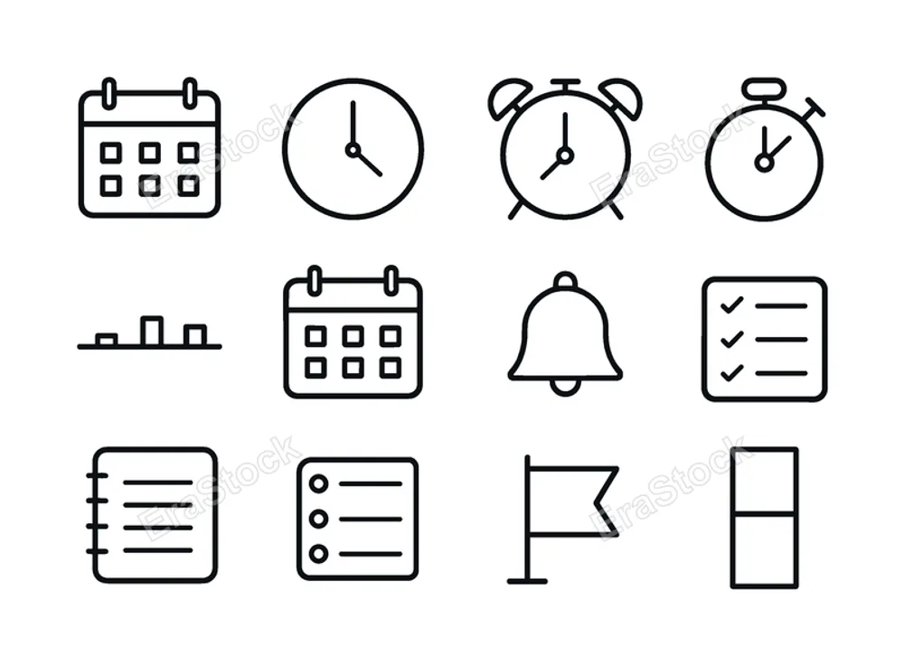 Scheduling and time management: calendar, clock, alarm clock, stopwatch, timeline bar, date grid, reminder bell, checklist, planner notebook, task list, deadline flag,