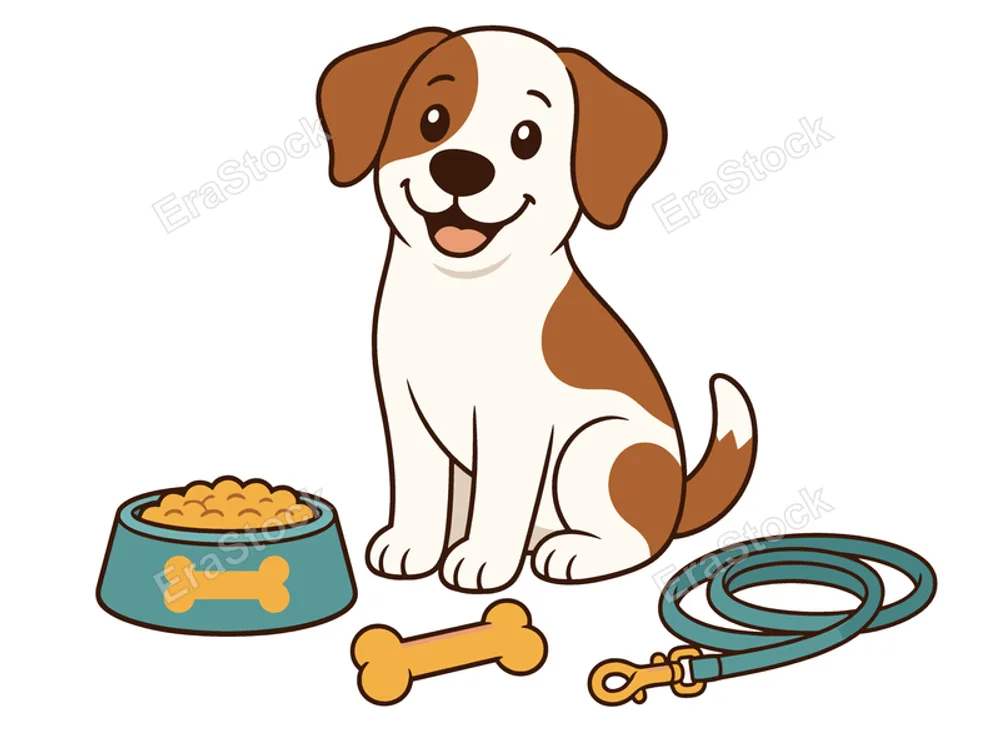 A cheerful, stylized puppy sits beside its food dish and a bone, with a leash coiled nearby, symbolizing pet care and companionship