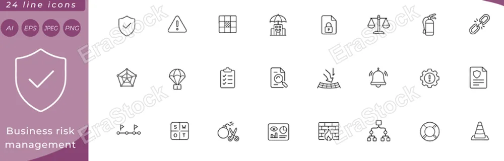Business risk management: shield with checkmark, warning triangle, risk matrix grid, umbrella over building, lock on data file, balance scale, fire extinguisher, broken chain link, radar chart