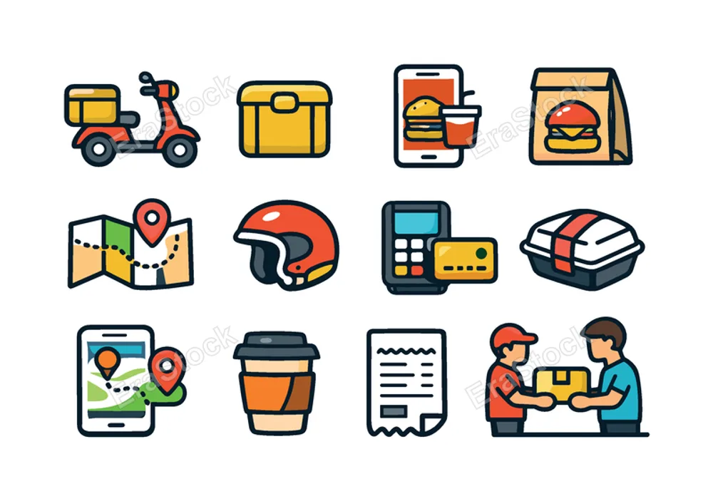 Food delivery service: delivery scooter vehicle, delivery box package, smartphone food order, restaurant takeaway bag, map route with pin, courier helmet, payment card terminal