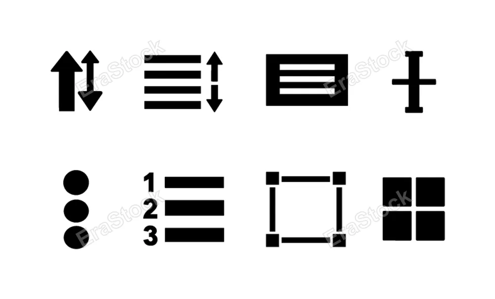 Text formatting tools: font size arrows, line spacing icon, paragraph block, text cursor, bullet list, numbered list, text box frame, grid layout.