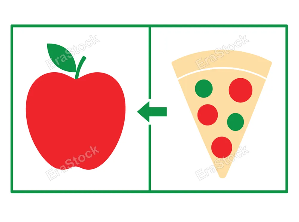 A visual representation of choosing between a healthy apple and an unhealthy slice of pizza, symbolizing dietary decisions and lifestyle choices
