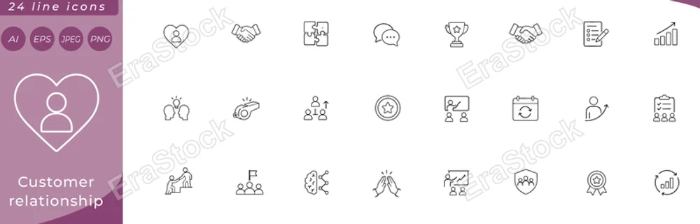 Customer relationship: heart with user silhouette, handshake, chat bubble with smile, CRM pipeline funnel, loyalty star badge, user profile card, feedback form, email with heart badge, phone handset