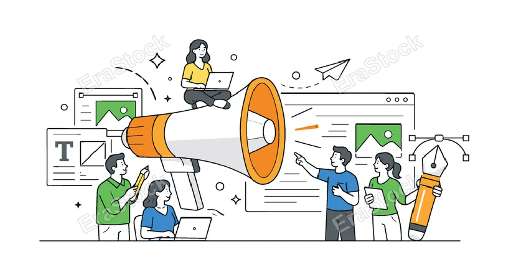 Creative marketing strategy and visual communication in a modern business environment where teams design campaigns to attract and engage audiences, represented by a clear
